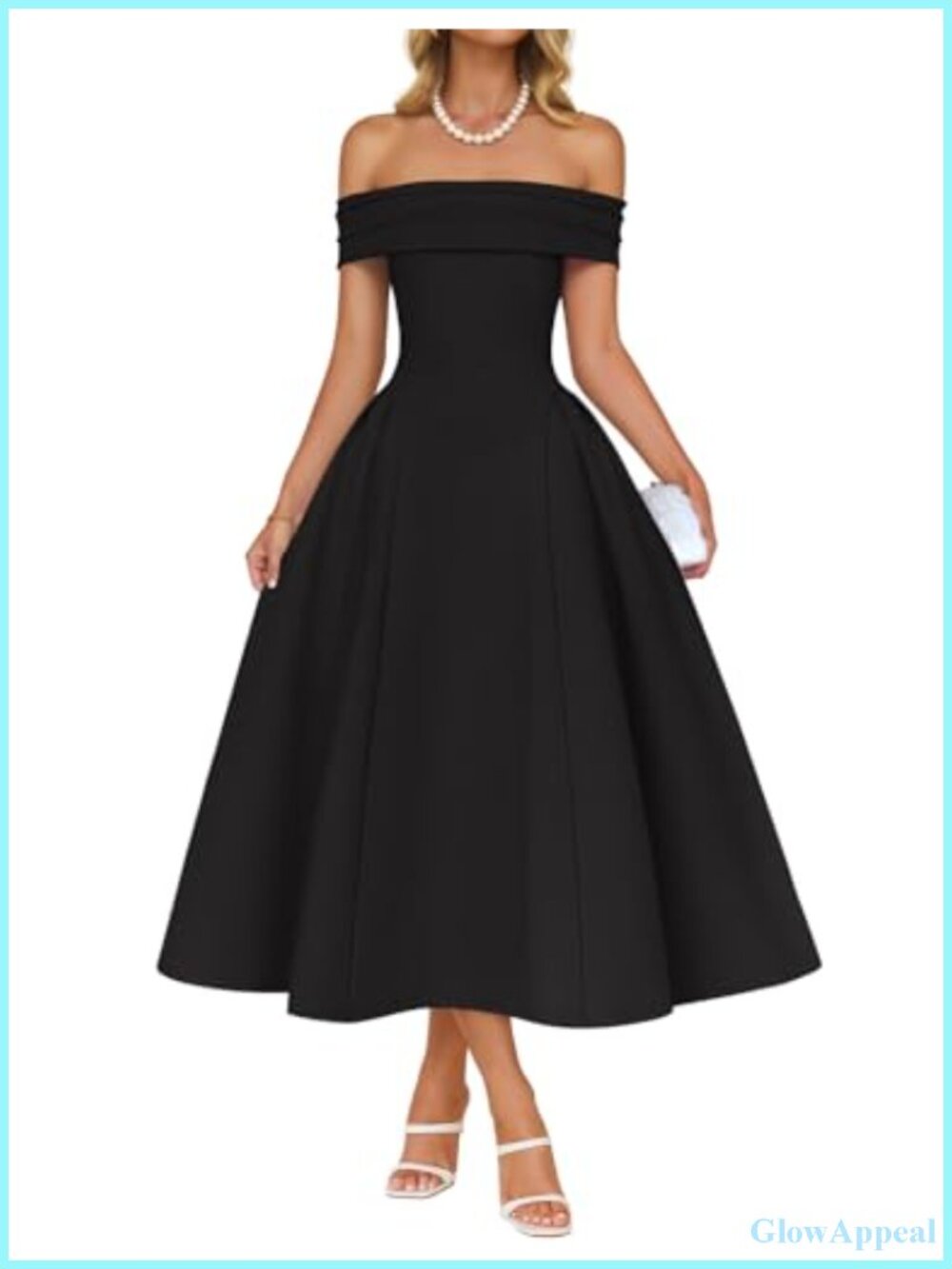 Off Shoulder Cocktail Dress with High Waist A-Line Midi Length